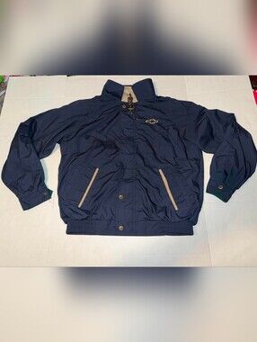 Vintage Winnermate Men's Chevrolet Navy Bomber Jacket with Tan Accents